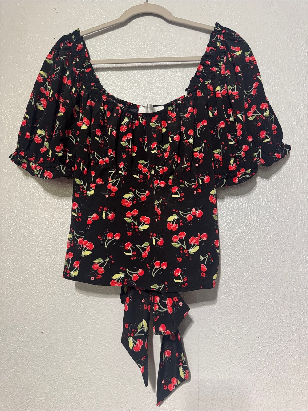 Lily White Coquette Cherry Print Flutter Puff Sleeve Open Back Tie Top 2X